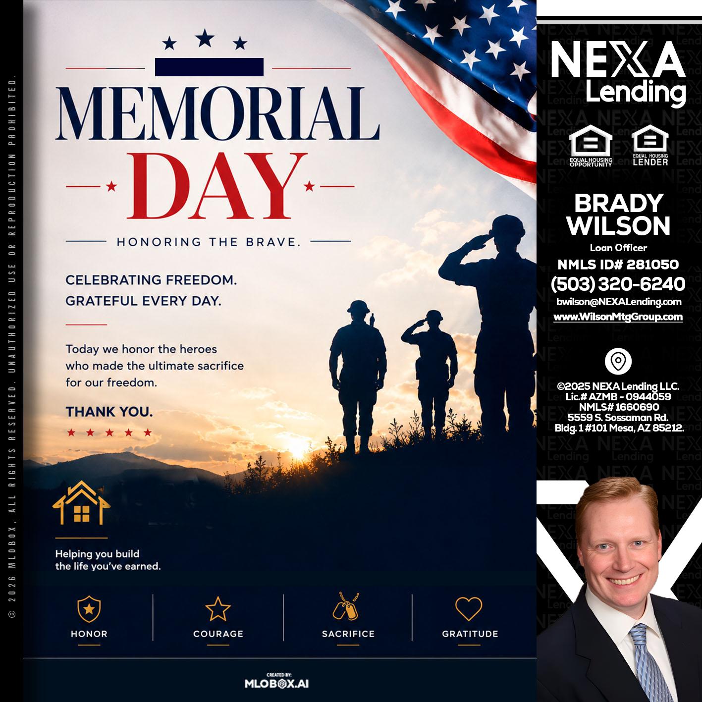 MEMORIAL DAY - Brady Wilson -Branch Manager