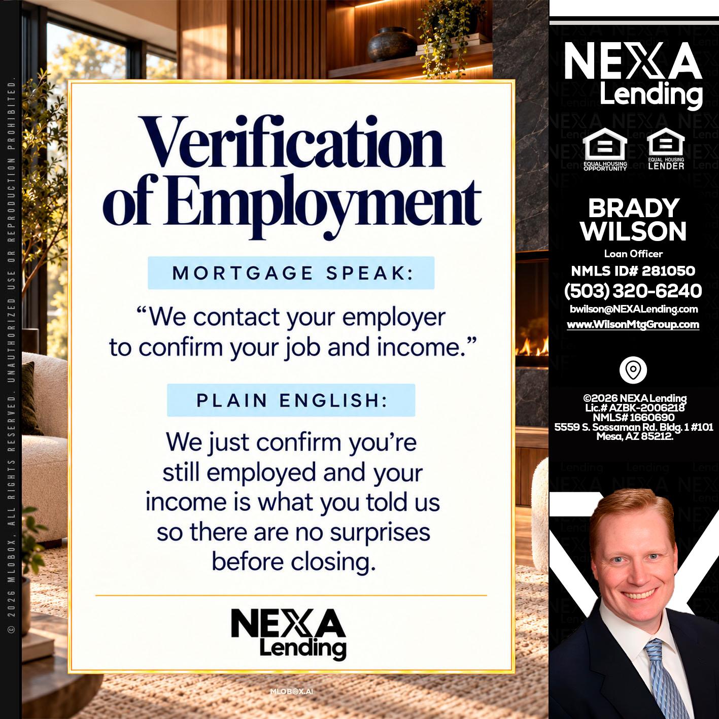 VERIFICATION OF EMPLOYMENT - Brady Wilson -Branch Manager
